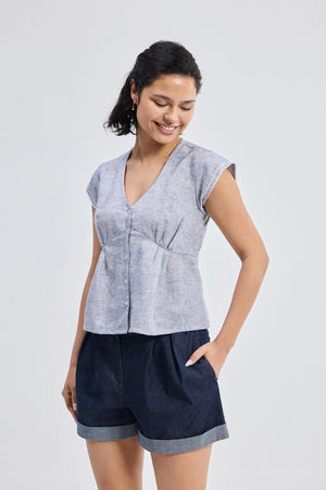 Deep V-neck short top in Linen Stripes