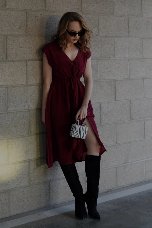 Deep V-neck Gathered Dress in Burgundy