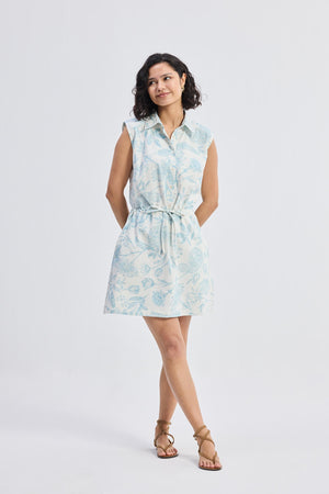 Drawstring Shirt Dress in Blue Florals
