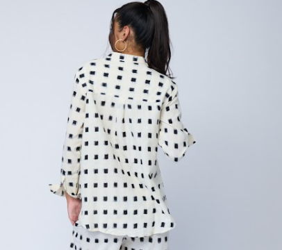 Good Boyfriend Shirt with Mandarin Collar - Ikat Squares Natural Black
