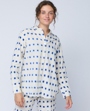 Good Boyfriend Shirt with Mandarin Collar - Ikat Squares Natural Cobalt