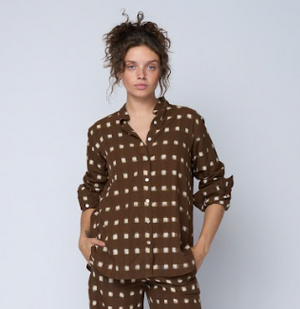Good Boyfriend Shirt with Mandarin Collar - Ikat Squares Mocha