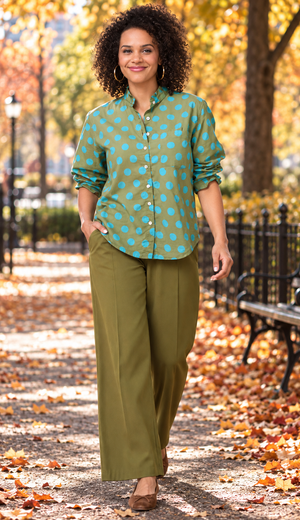 Good Girlfriend Shirt with Ruffle Trim - True Dot Olive/Cerulean