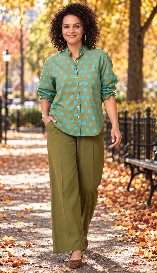 Good Girlfriend Shirt with Ruffle Trim - True Dot Olive/Cerulean