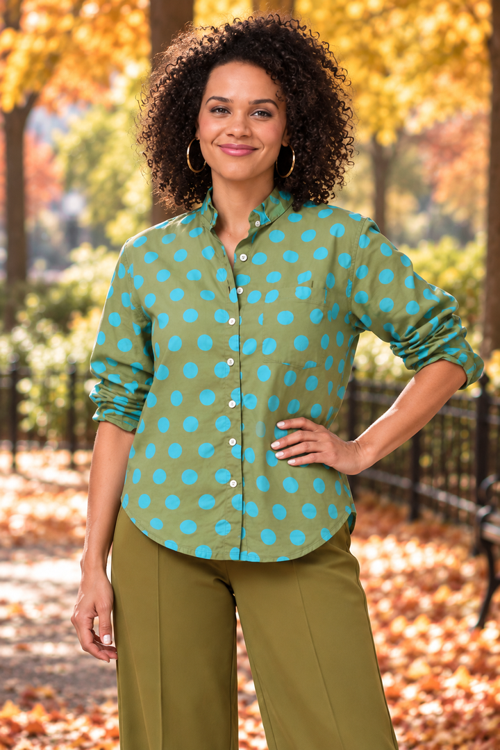 Good Girlfriend Shirt with Ruffle Trim - True Dot Olive/Cerulean