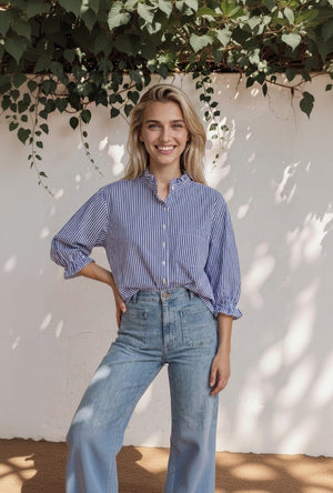 Good Girlfriend Shirt with Ruffle Trim Menswear Stripe Coastal Blue