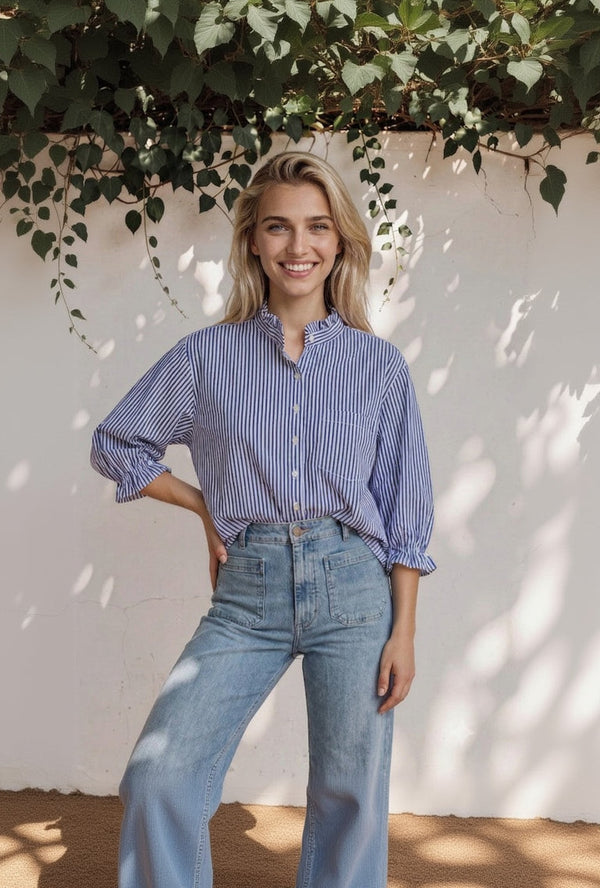 Good Girlfriend Shirt with Ruffle Trim Menswear Stripe Coastal Blue