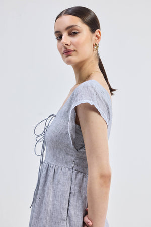 Maxi Tiered Dress with Front-ties in Linen Stripes