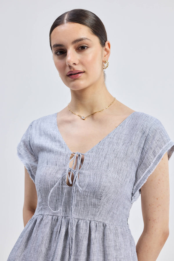 Maxi Tiered Dress with Front-ties in Linen Stripes