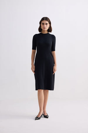 High Crew Neck Elbow Sleeves Fitted Dress in Black
