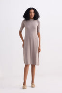 High Crew Neck Elbow Sleeves Fitted Dress in Earth Grey