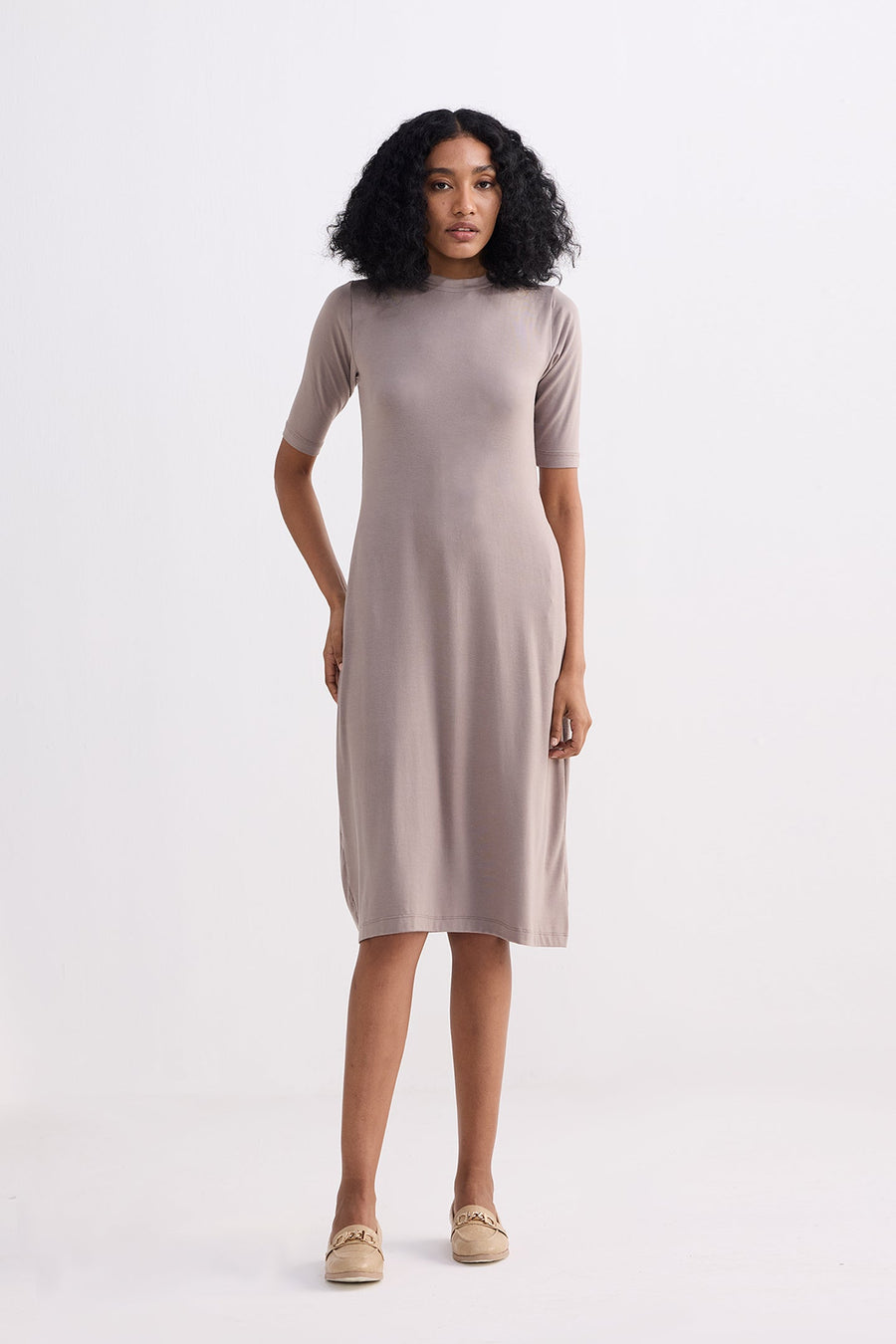 High Crew Neck Elbow Sleeves Fitted Dress in Earth Grey
