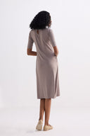 High Crew Neck Elbow Sleeves Fitted Dress in Earth Grey
