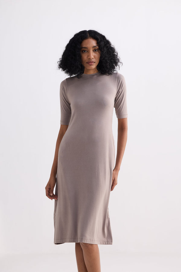 High Crew Neck Elbow Sleeves Fitted Dress in Earth Grey