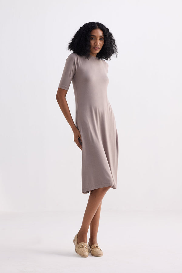 High Crew Neck Elbow Sleeves Fitted Dress in Earth Grey