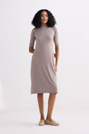 High Crew Neck Elbow Sleeves Fitted Dress in Earth Grey