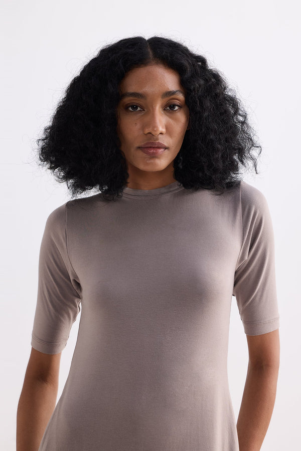 High Crew Neck Elbow Sleeves Fitted Dress in Earth Grey