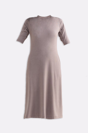 High Crew Neck Elbow Sleeves Fitted Dress in Earth Grey