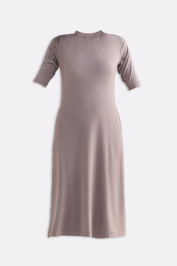 High Crew Neck Elbow Sleeves Fitted Dress in Earth Grey