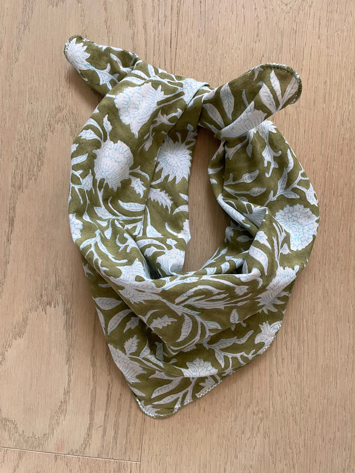 Scarf - Floral Escape Square Olive Oil Cerulean