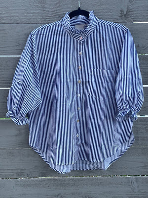 Good Girlfriend Shirt with Ruffle Trim Menswear Stripe Coastal Blue