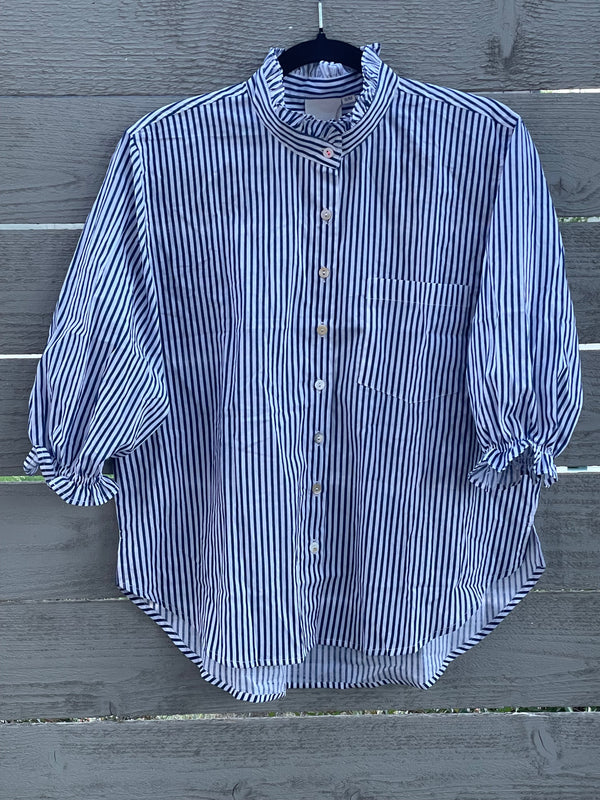 Good Girlfriend Shirt with Ruffle Trim Menswear Stripe Coastal Blue