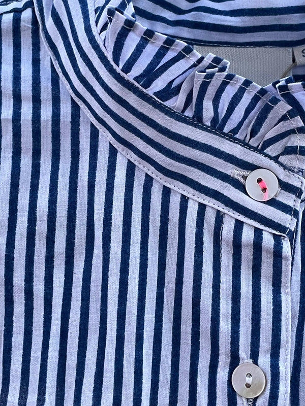 Good Girlfriend Shirt with Ruffle Trim Menswear Stripe Coastal Blue