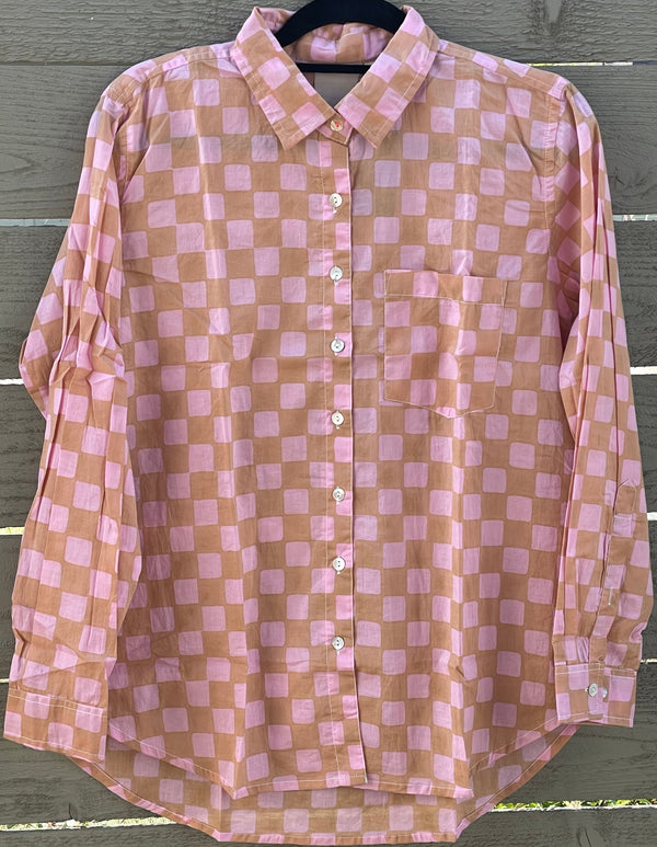Good Boyfriend Shirt - Checkerboard Overdye Tickled Pink on Baked Clay