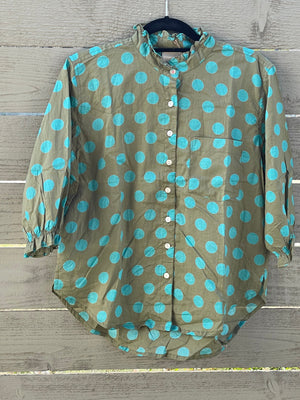 Good Girlfriend Shirt with Ruffle Trim - True Dot Olive/Cerulean