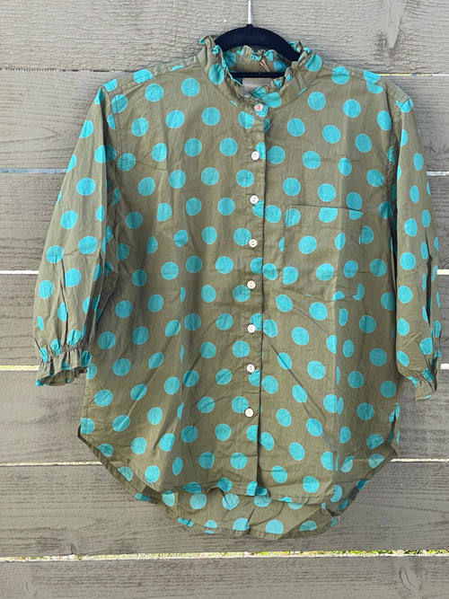 Good Girlfriend Shirt with Ruffle Trim - True Dot Olive/Cerulean