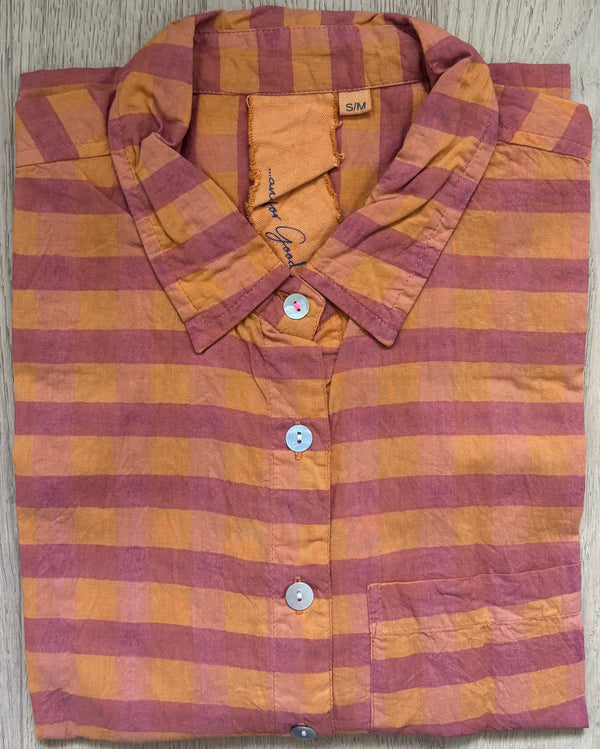 Good Boyfriend Short Sleeve Shirt - Gingham Picnic Overdye Fawn