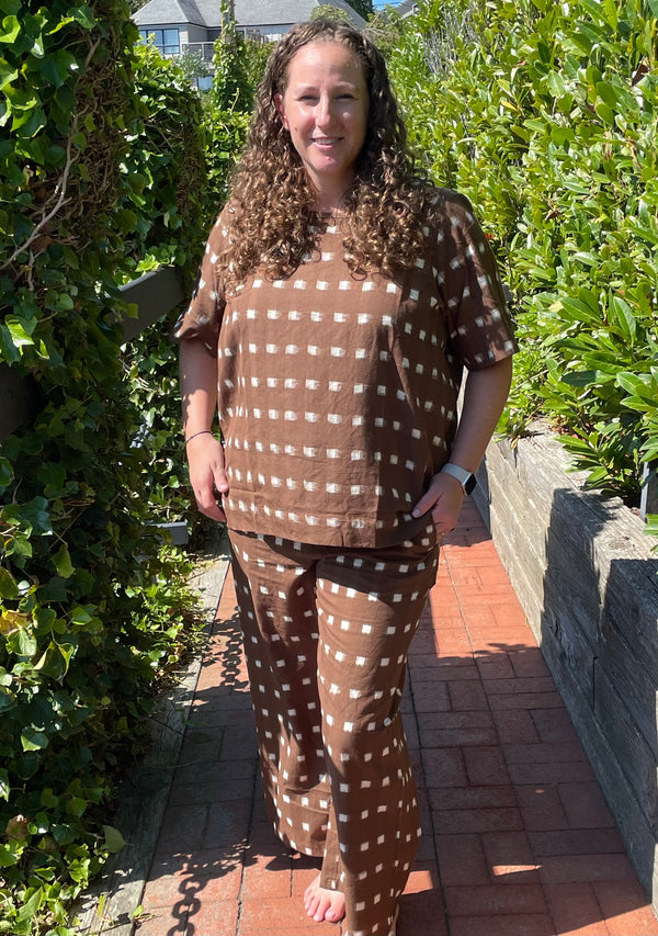 Mare Boxy Cropped Shirt Ikat Squares Mocha