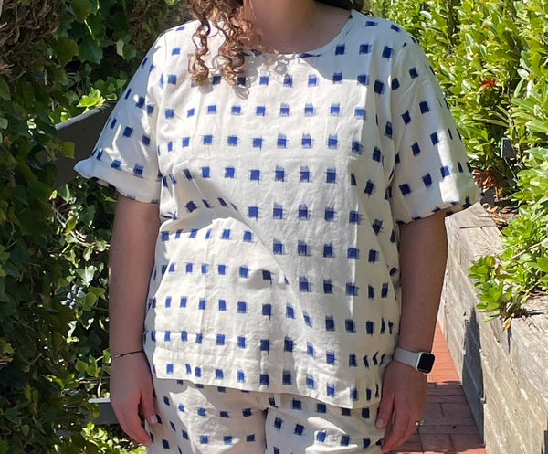 Mare Boxy Cropped Shirt Ikat Squares Natural Cobalt