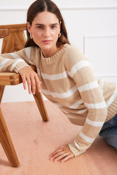Stripe Sloane Crewneck in Sand Dune