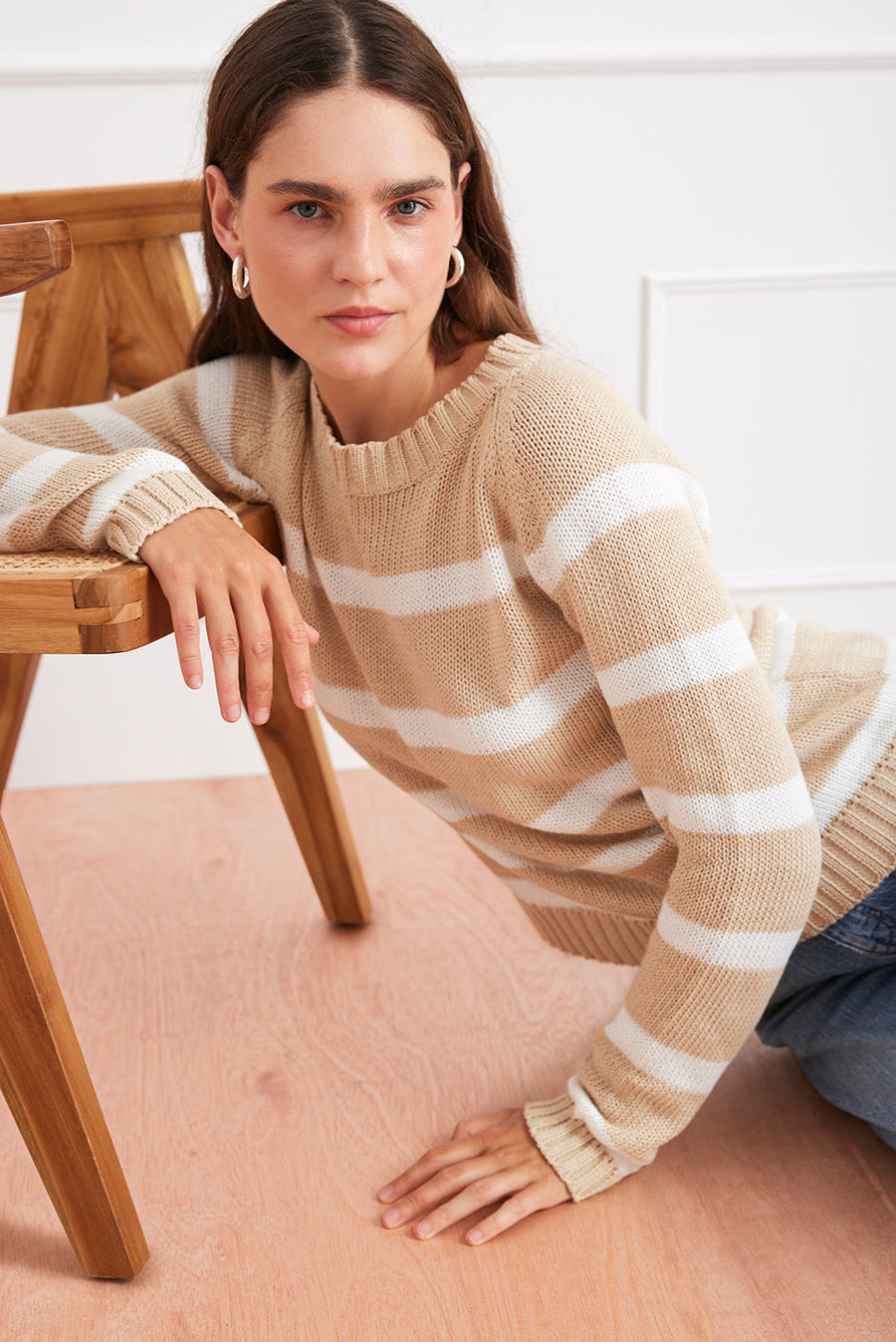 Stripe Sloane Crewneck in Sand Dune