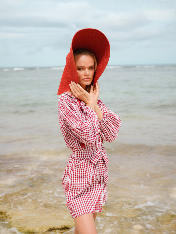 LOLA Wide Brim Jute Straw Hat In Red