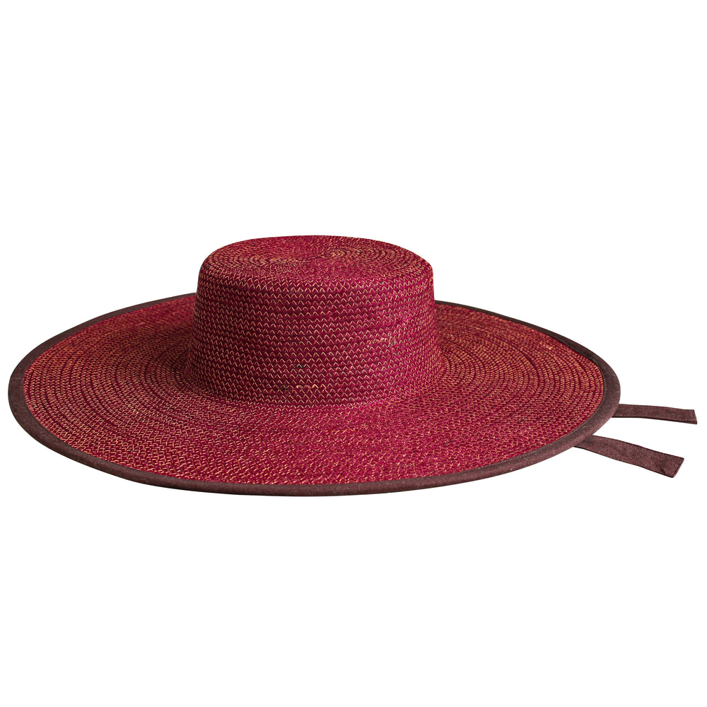 LOLO Wide-brim Jute Boater Hat in Burgundy