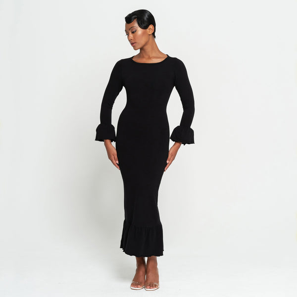MARJORIE Bamboo Ruffle Dress, in Black