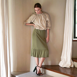 MARJORIE Ruffle Rib Skirt In Moss Green