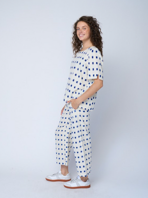 Mare Boxy Cropped Shirt Ikat Squares Natural Cobalt