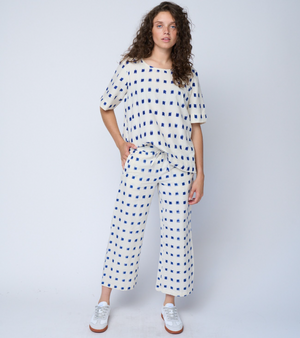 Mare Boxy Cropped Shirt Ikat Squares Natural Cobalt