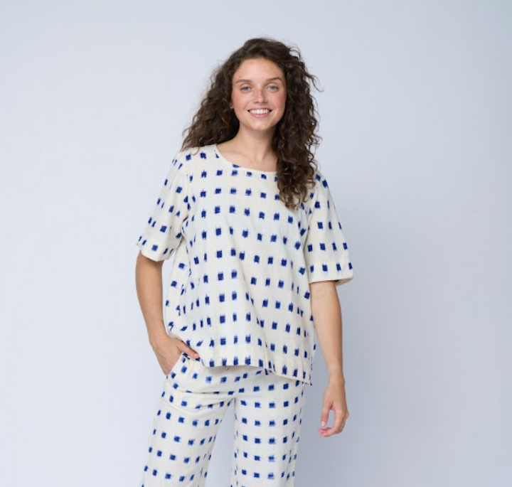 Mare Boxy Cropped Shirt Ikat Squares Natural Cobalt