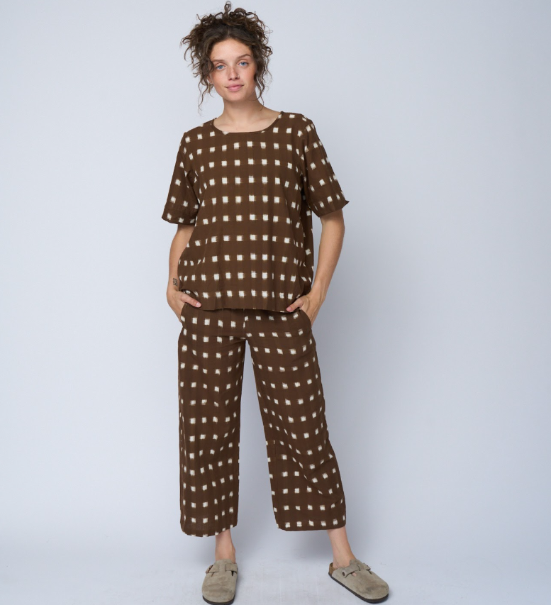 Mare Boxy Cropped Shirt Ikat Squares Mocha