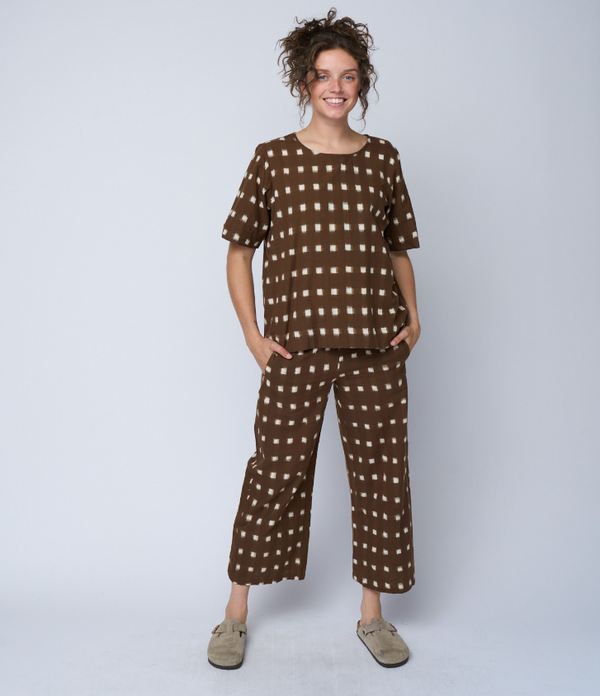 Mare Boxy Cropped Shirt Ikat Squares Mocha