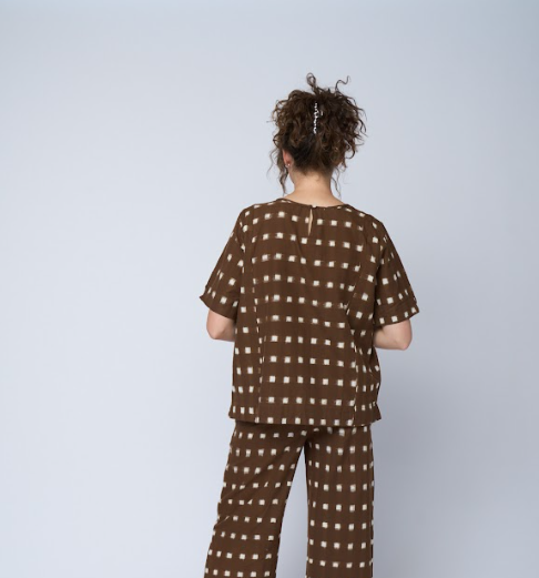 Mare Boxy Cropped Shirt Ikat Squares Mocha