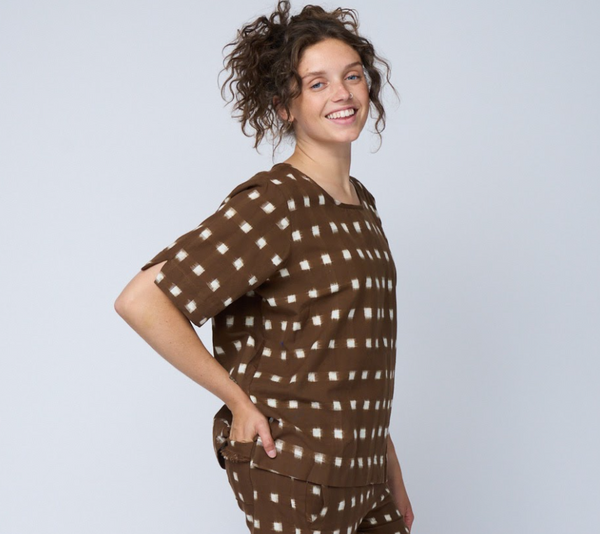 Mare Boxy Cropped Shirt Ikat Squares Mocha