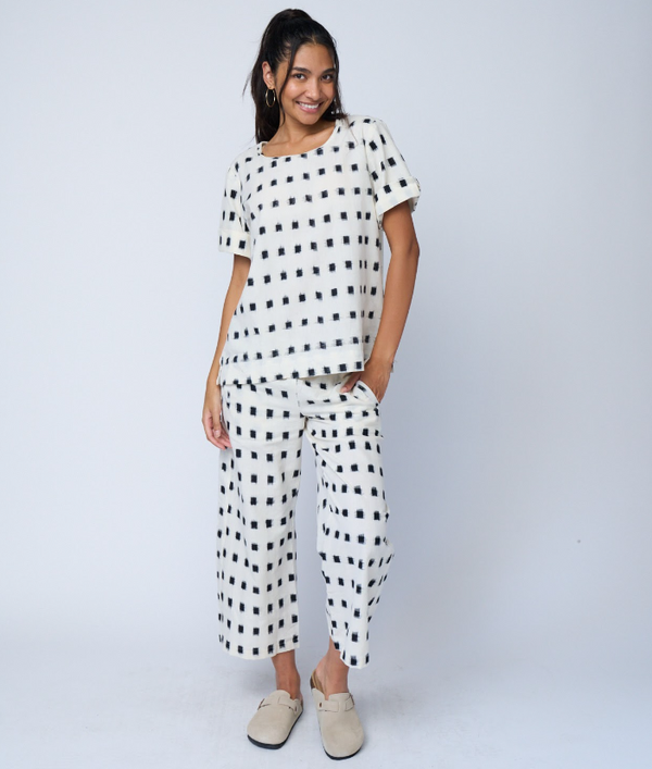 Mare Boxy Cropped Shirt Ikat Squares - Natural Black