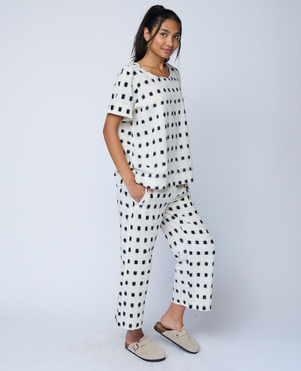 Mare Boxy Cropped Shirt Ikat Squares - Natural Black