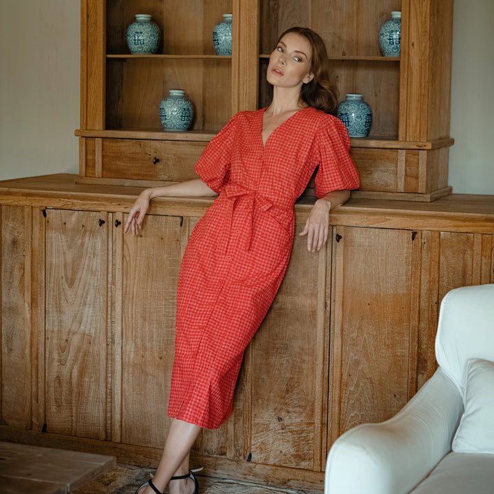 MEGHAN Gingham Hemp Midi Dress In Scarlet Red