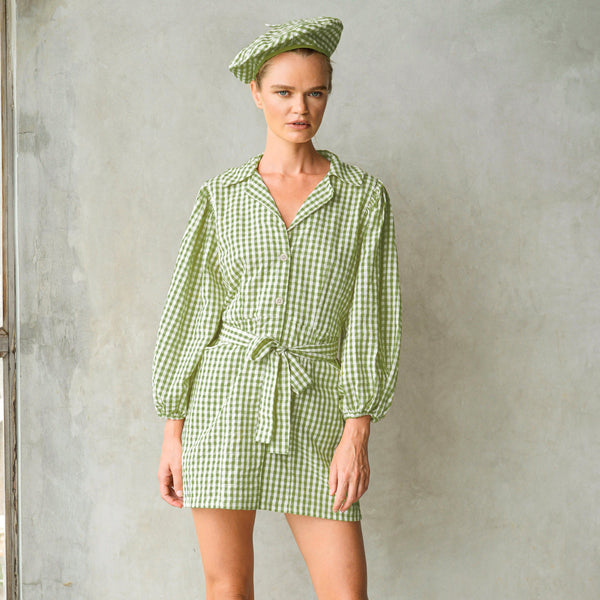 MEGHAN Mini Gingham Dress, in Olive Green